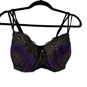 Cacique Bra Size 38F Purple Black Lace Underwired Strappy Sexy Back Closure Bra